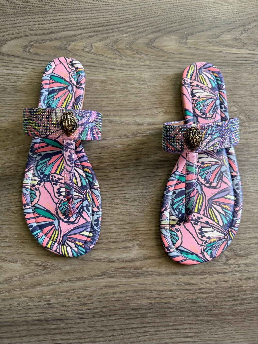 Kurt Geiger Pink Multicolor Butterfly Beaded Slide Sandals with Gold Emblem
